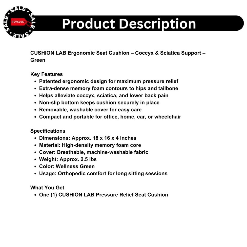 Cushion Lab Ergonomic Seat Cushion – Coccyx & Sciatica Support – Green - Picture 3 of 6